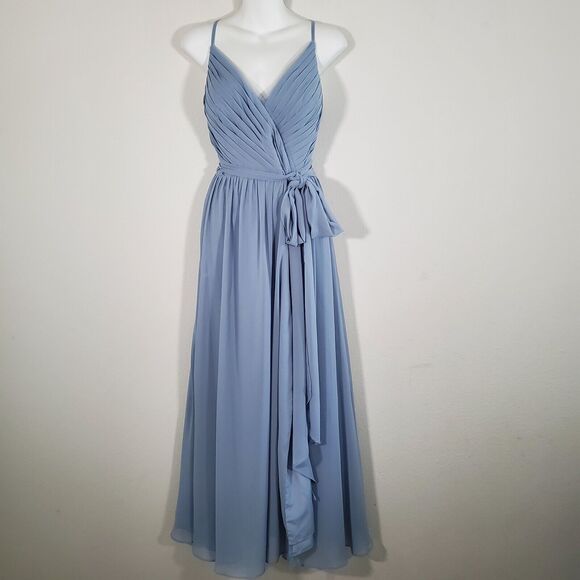 Azazie Gracie Women's Dress Dusty Blue Bridesmaid Wedding Guest Pleated Chiffon - Picture 2 of 15